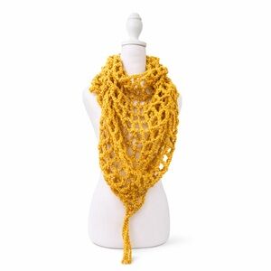 Handmade Crochet Boho Shawl Scarf Mustard Gold Triangle Wrap Tassel Fall